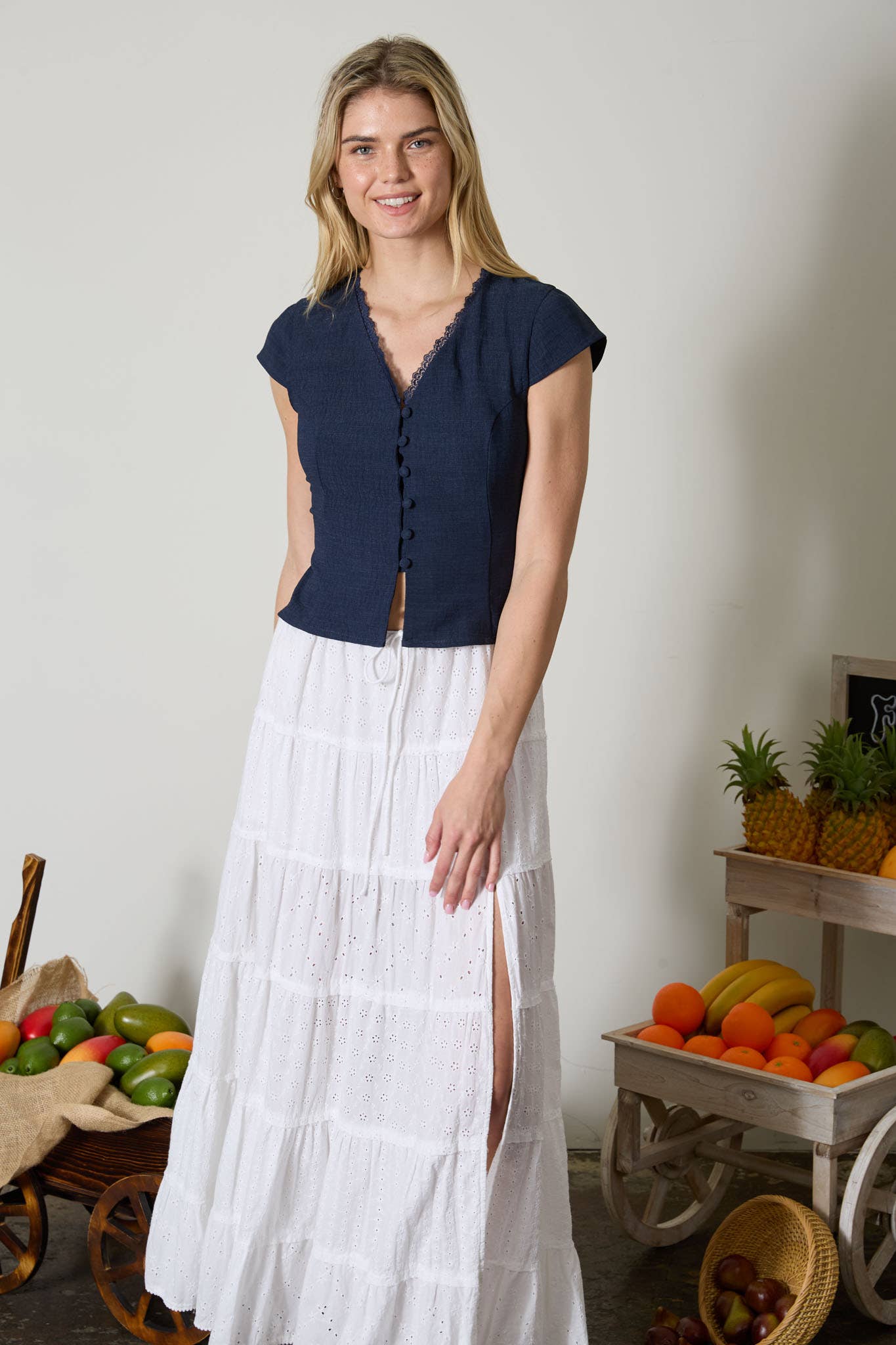 V NECK LACE TRIM BUTTON DOWN BACK TIE BLOUSE: WHITE