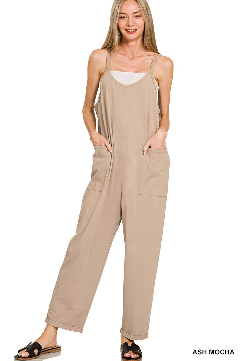 Spaghetti Strap Pocketed Jumpsuit: H LT TEAL]