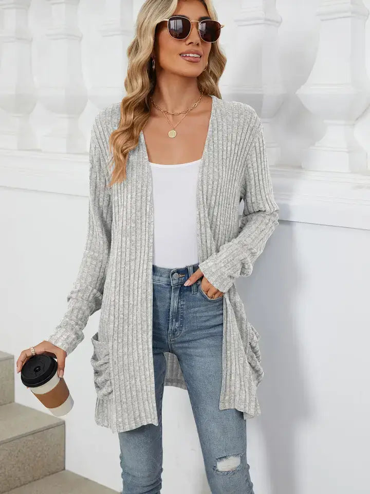 Solid Knit Long Sleeve Pocket Open Front Cardigan: Khaki / 65%Rayon +30%Polyester+ 5%Spandex / L