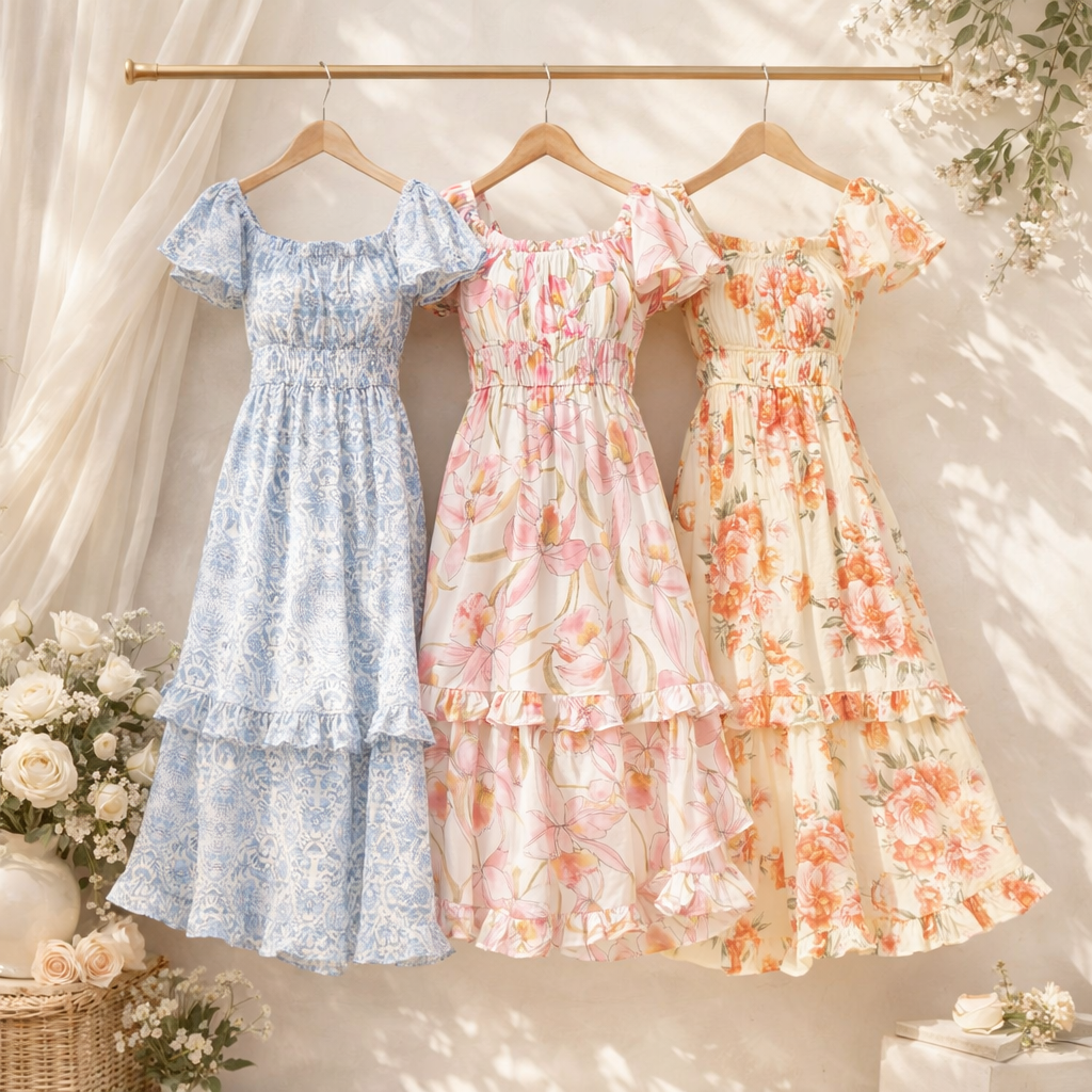 FLUTTER SLEEVE FLORAL TIERED MIDI DRESS: I/P/O / L