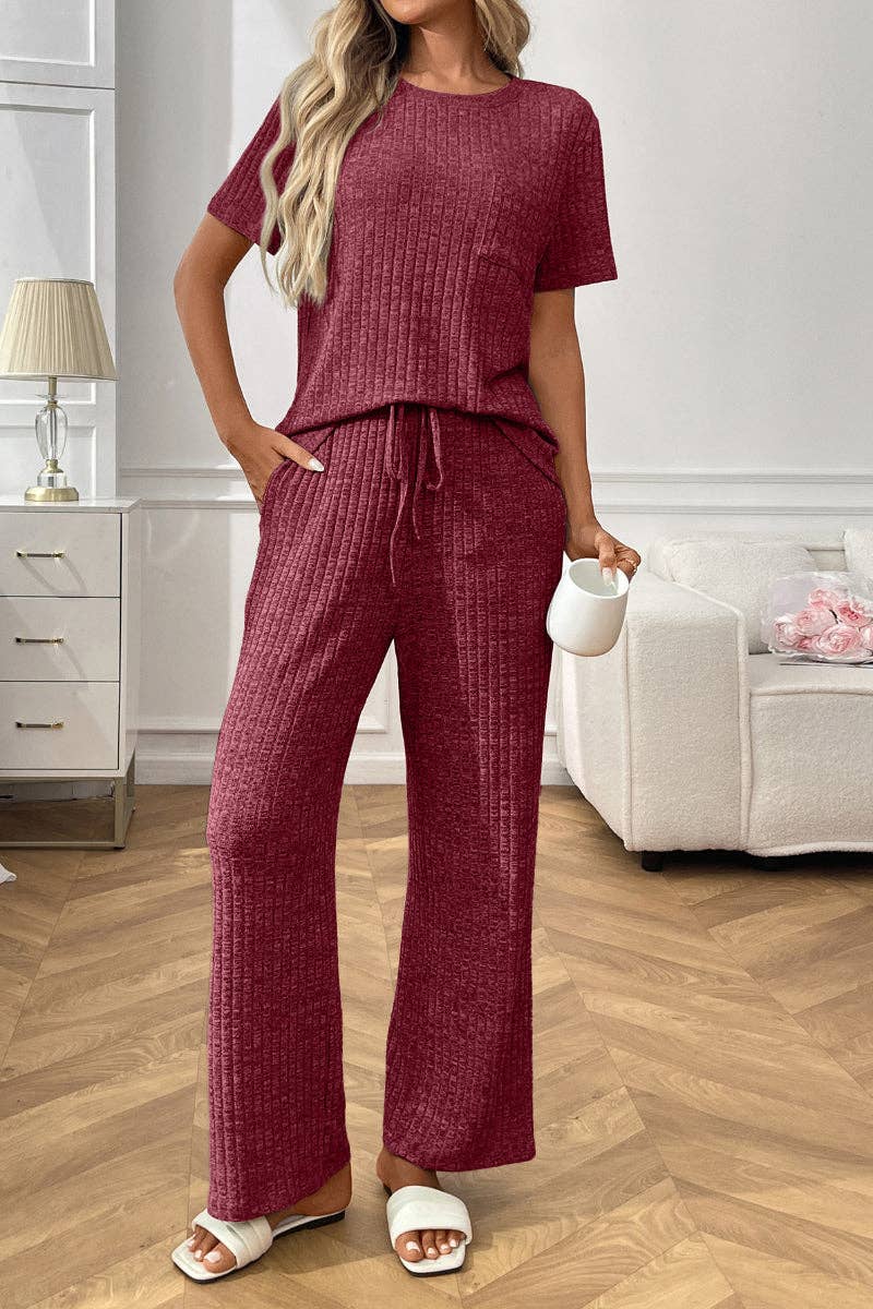 Short Sleeve Ribbed Knit Lounge Set with Drawstring Pants: Burgundy / S