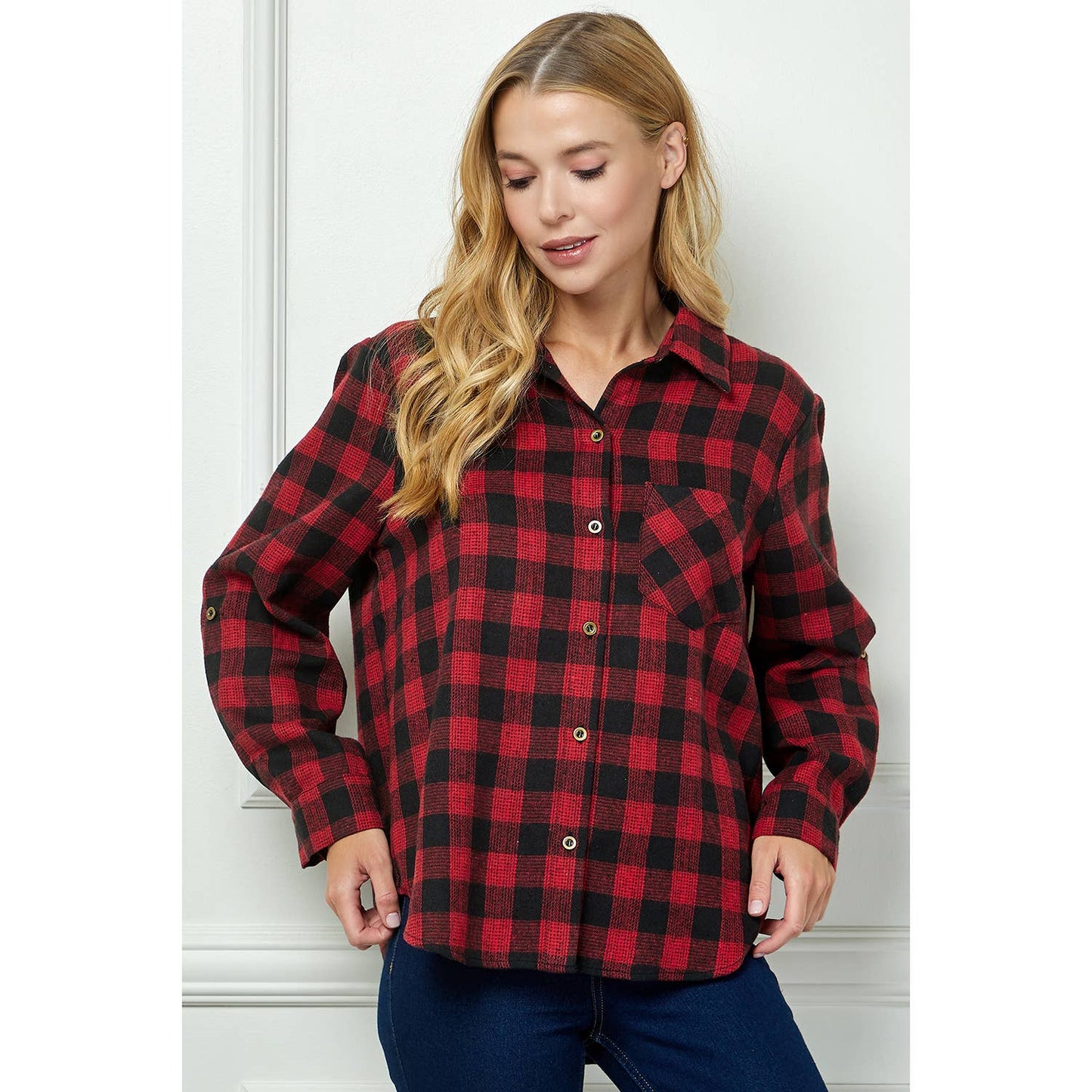 PLAID FLANNEL ROLL SLEEVES  COLLAR NECK SHIRTS : BK/RD / XL