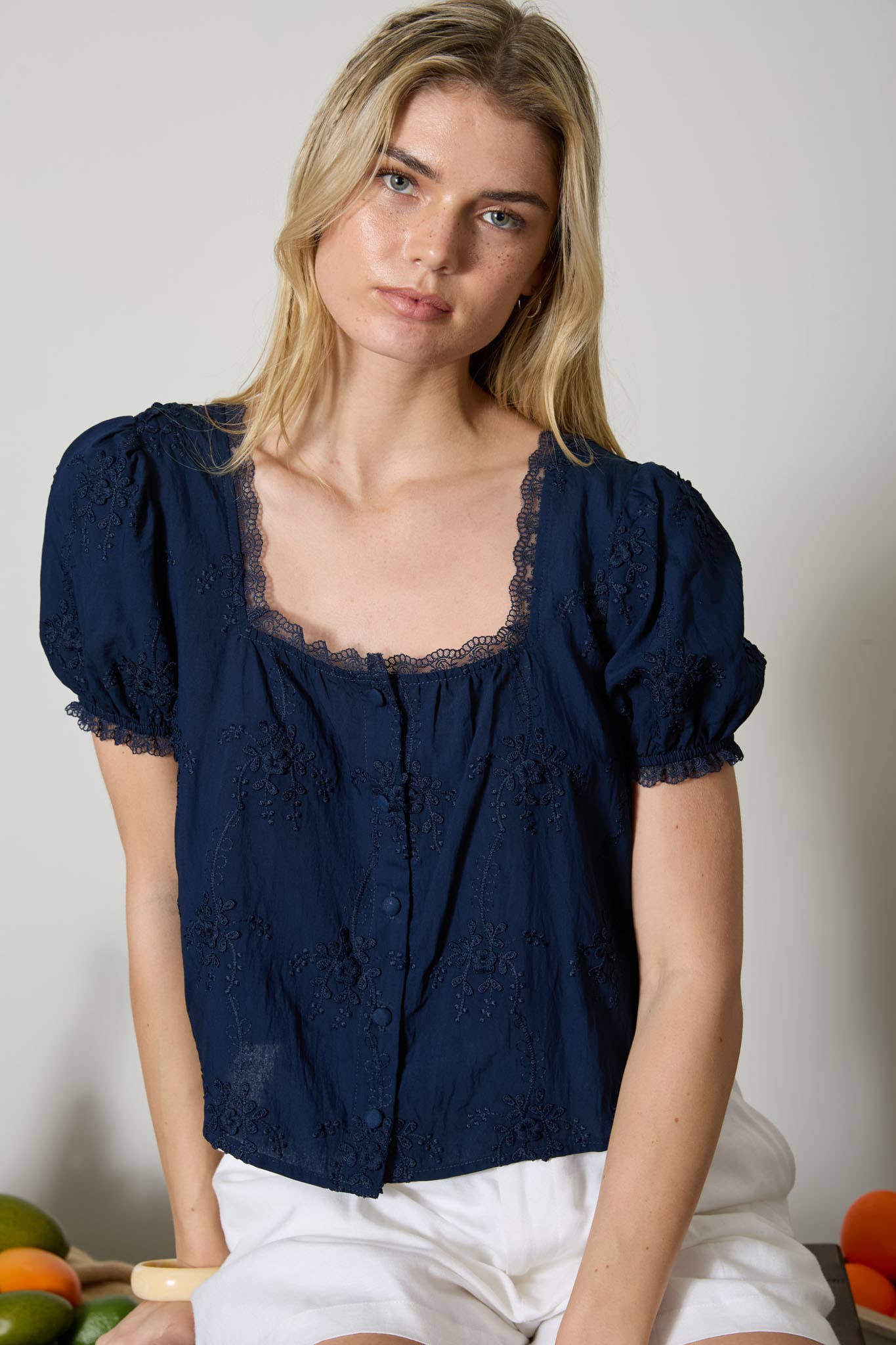 FLORAL EMBROIDERY LACE TRIM PUFF SLEEVE TOP: DUSTY MINT