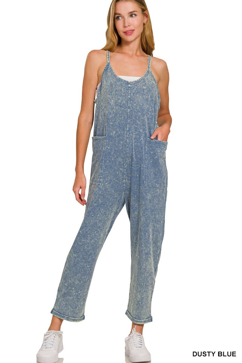 Washed Spaghetti Straps Overalls With Pockets: B LAVENDER
