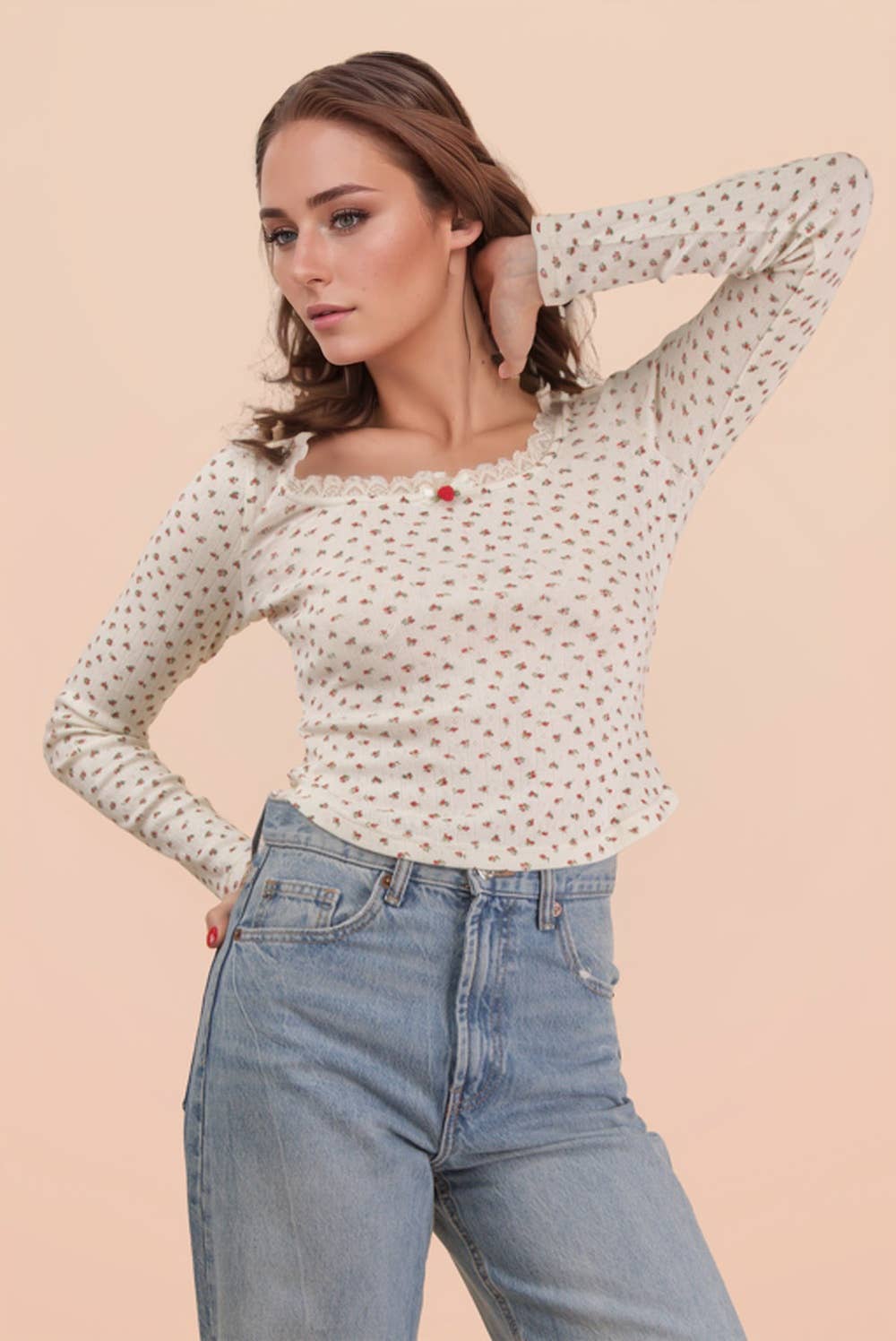 NT12410-Printed Fitted Casual Knit Top: CREAM TEDDY BEAR / S-M-L/2-2-2