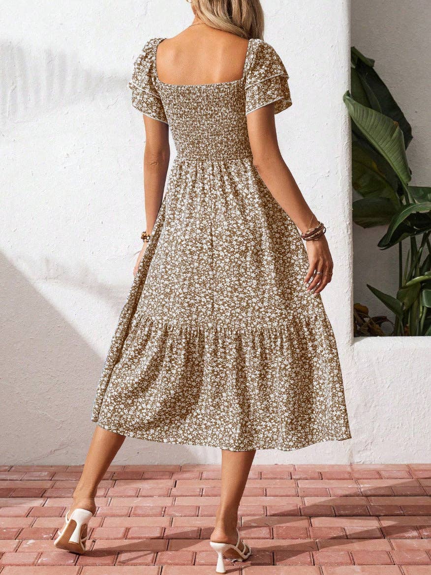 Floral Square Neck Smocked Short Sleeve Maxi Summer Dress: Purple / 100%Polyester / L
