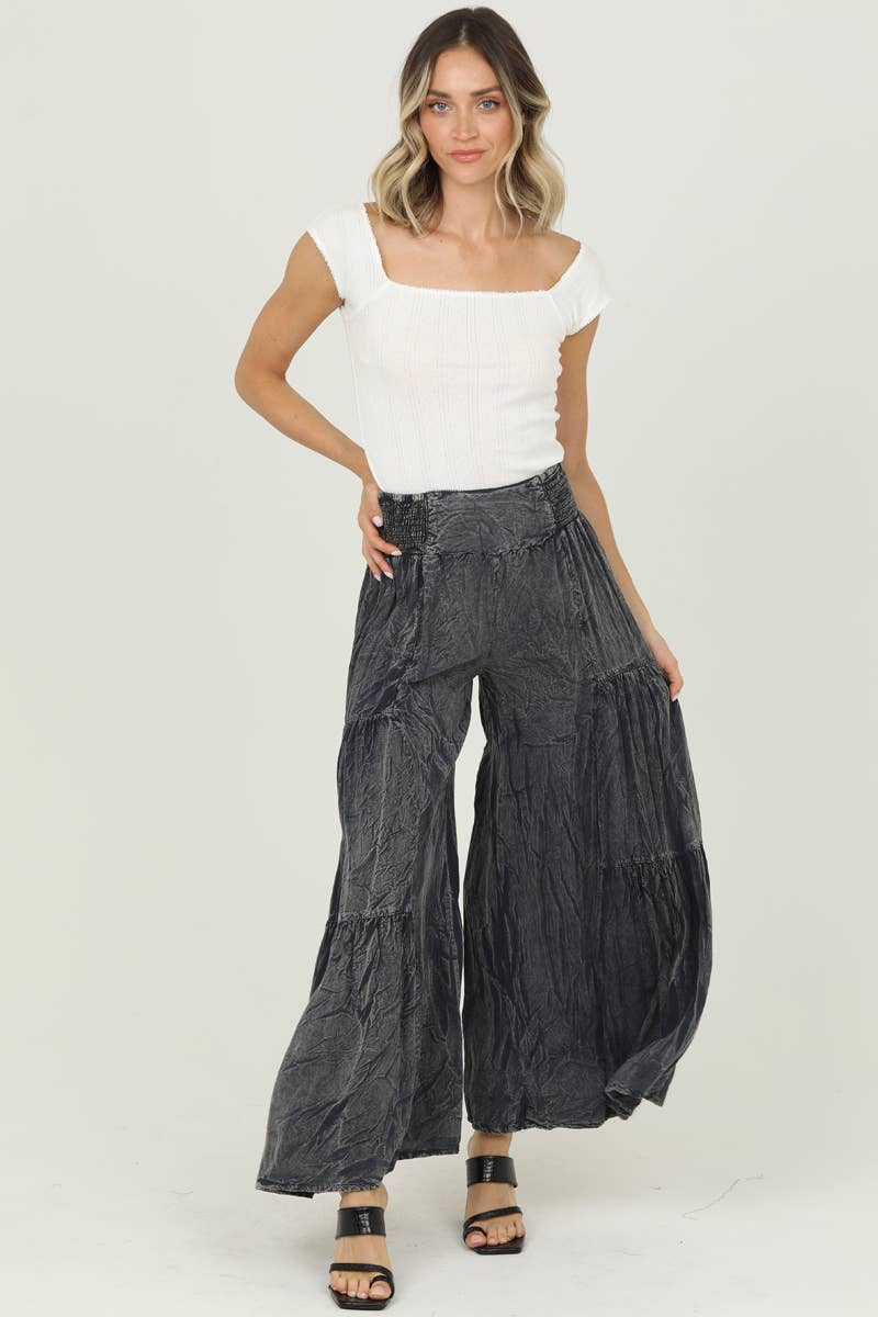 L ACID WASH TIERED WIDE LEG PANTS: CHOCOLATE / L