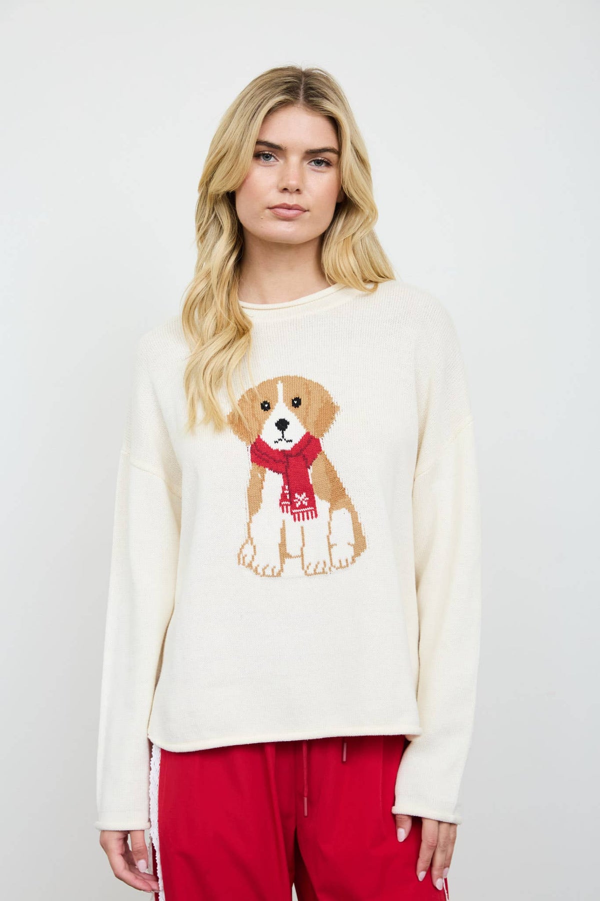 PUPPY MOTIF CREW NECK KNIT PULLOVER: CHOCOLATE BROWN