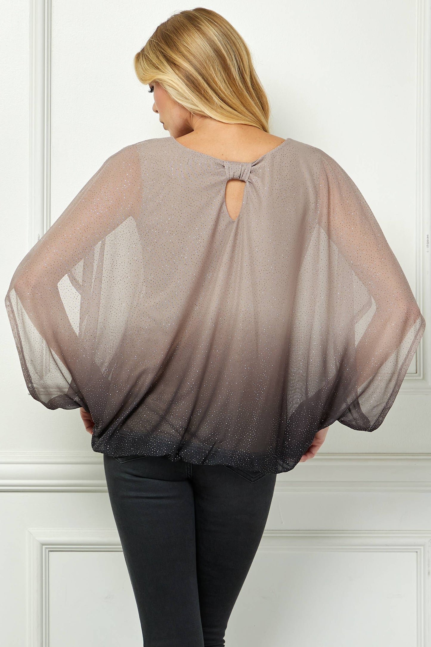 LUMINOUS GRACE DOLMAN BUBBLE BLOUSE: Stone/Black/Rose /S